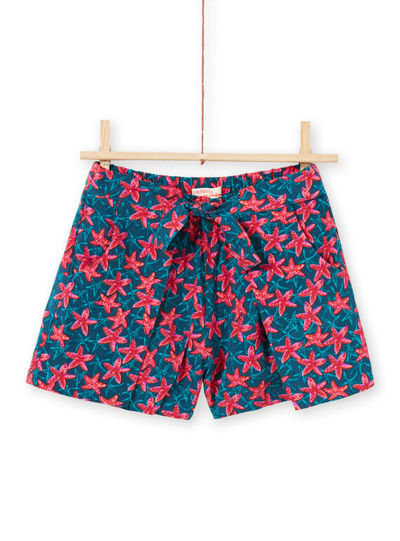 Short bleu canard et rouge imprimé étoile de mer enfant fille LABONSHORT2 / 21S901W3SHO716