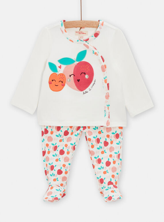 Pyjama en côtes écru animation pêches pour bébé fille TEFIPYJPECH / 24SH1341PYJ001