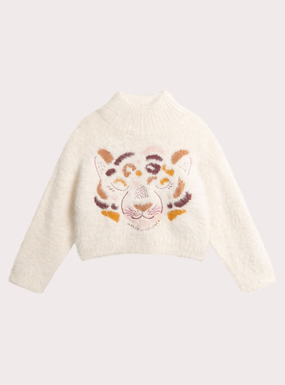 Pull écru animation tigre brodé pour fille VABAPULL / 24W901Q1PUL003