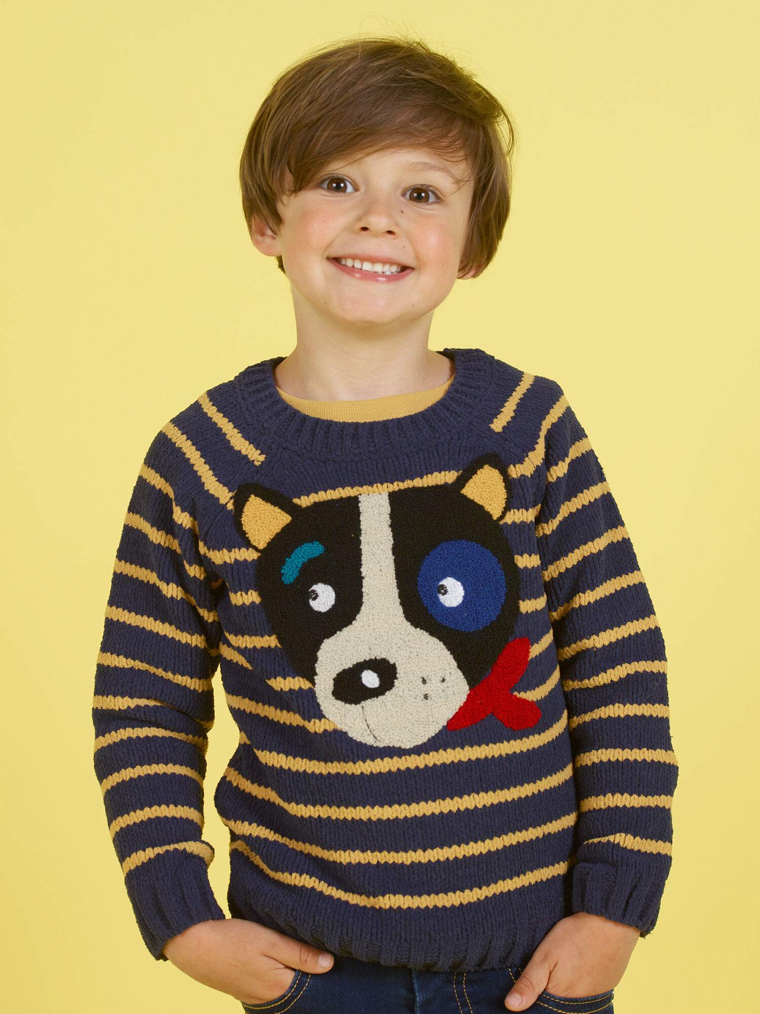 Pull rayures et motif chien enfant gar on Pull Sweat Gilet