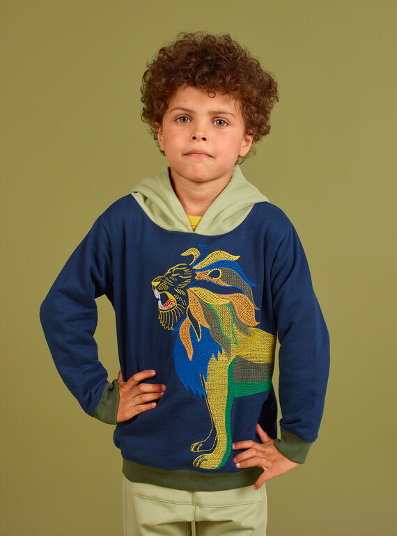 Sweatshirt à capuche bleu nuit à motif lion brodé enfant garçon MOKASWE / 21W902I1SWE705