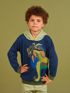 Sweatshirt à capuche bleu nuit à motif lion brodé enfant garçon MOKASWE / 21W902I1SWE705
