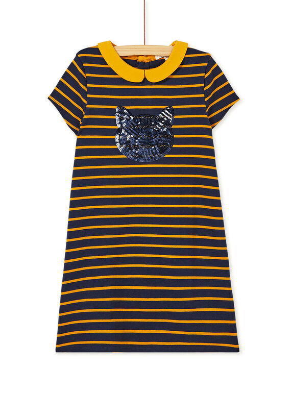 Robe en milano rayée à manches courte, col claudine et tête de chat en sequins KAJOROB1 / 20W90133ROB070