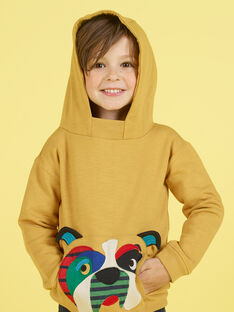 Sweatshirt à capuche jaune moutarde broderie chien enfant garçon MOMIXSWE / 21W902J1SWEB101