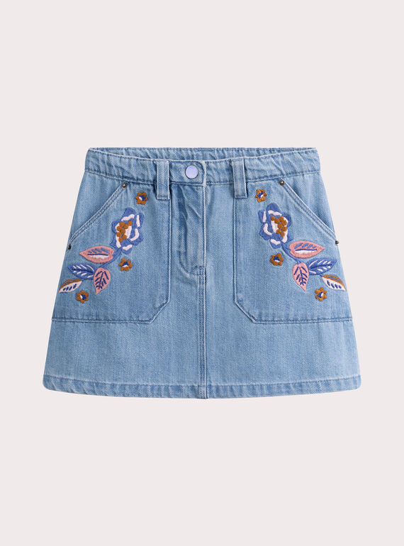 Jupe en denim bleu avec broderies fleuries pour fille VADAJUP1 / 24W90121JUPP272