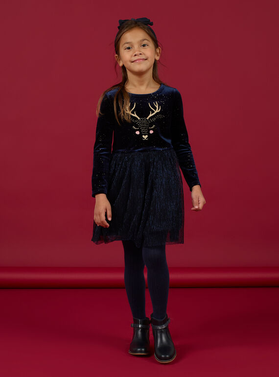 Robe bleu marine à motif cerf en velours et tulle enfant fille MANOROB1 / 21W901Q1ROB070