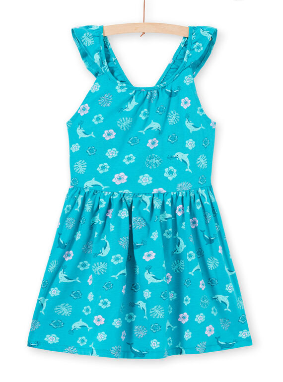 Robe turquoise à bretelles volantées imprimé dauphin et fleur enfant fille LAPLAROB2 / 21S901T1ROBC216