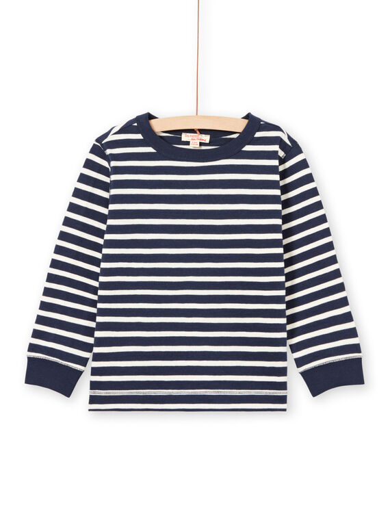 T-shirt manches longues à rayures écrues et bleu marine enfant garçon MOJOTIRIB1 / 21W90226TML001