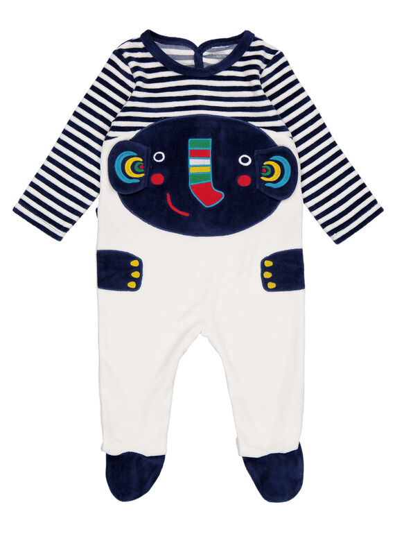 Grenouillère rayée marine et écrue en velours layette garçon GEGAGREFAN / 19WH14N2GRE070