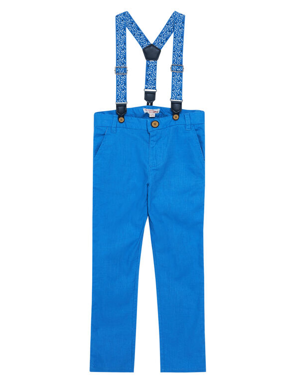 Pantalon garçon bleu en lin et coton avec bretelles imprimées JOSOPAN / 20S90281PAN201