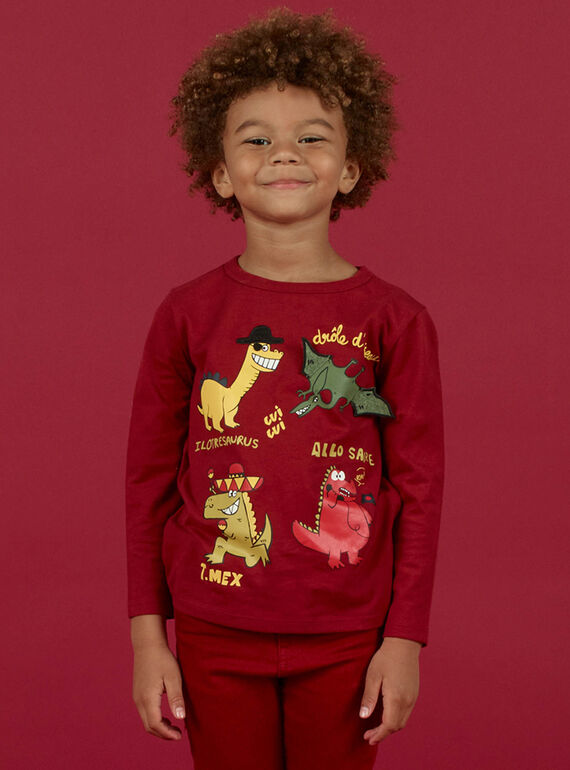 T-shirt manches longues rouge bordeaux motifs dinosaures enfant garçon MOFUNTEE3 / 21W902M2TML511