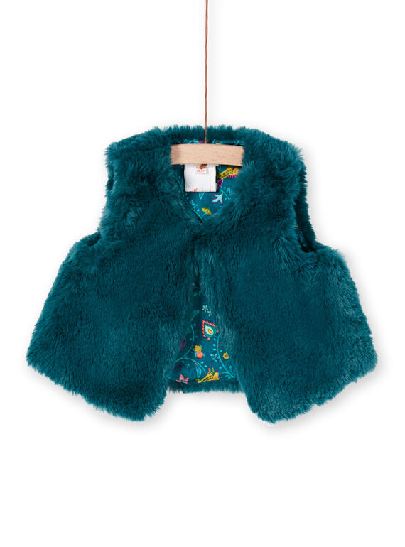 Gilet sans manches bleu canard fausse fourrure bébé fille MITUCAR2 / 21WG09K2CAR714