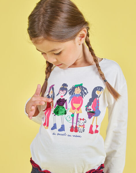 T-shirt écru motif fantaisie à sequins réversibles enfant fille MAMIXTEE4 / 21W901J5TML001