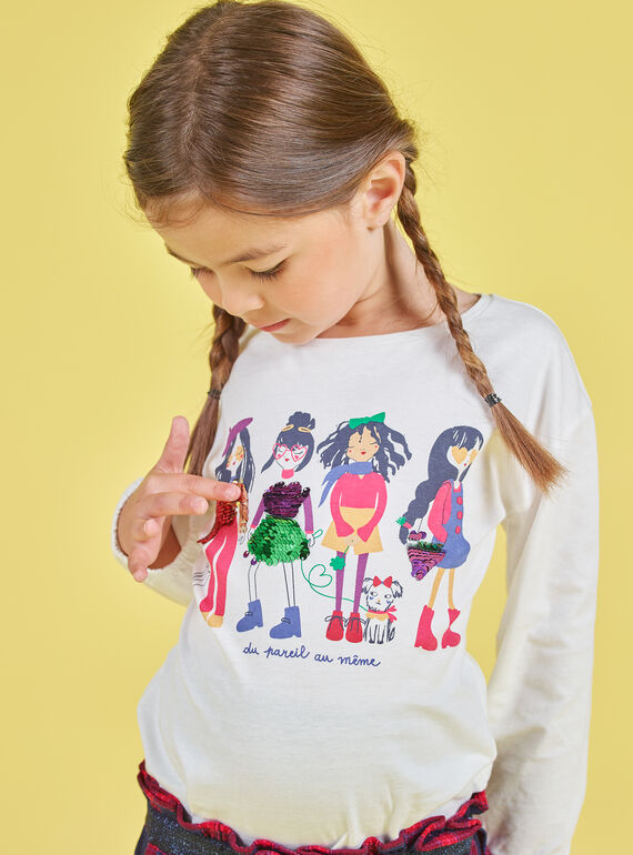T-shirt écru motif fantaisie à sequins réversibles enfant fille MAMIXTEE4 / 21W901J5TML001