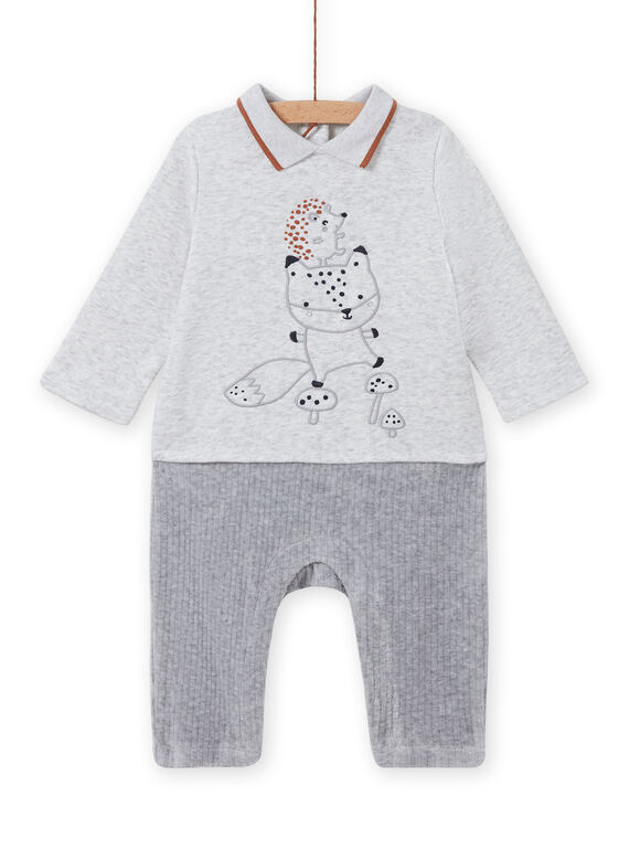 Combinaison gris chiné motif renard et hérisson naissance garçon MOU1COM3 / 21WF0441CBLJ920