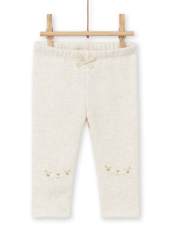 Legging doublé beige chiné à motifs lapins brodés bébé fille MIJOPANDOU1 / 21WG0911PANA011