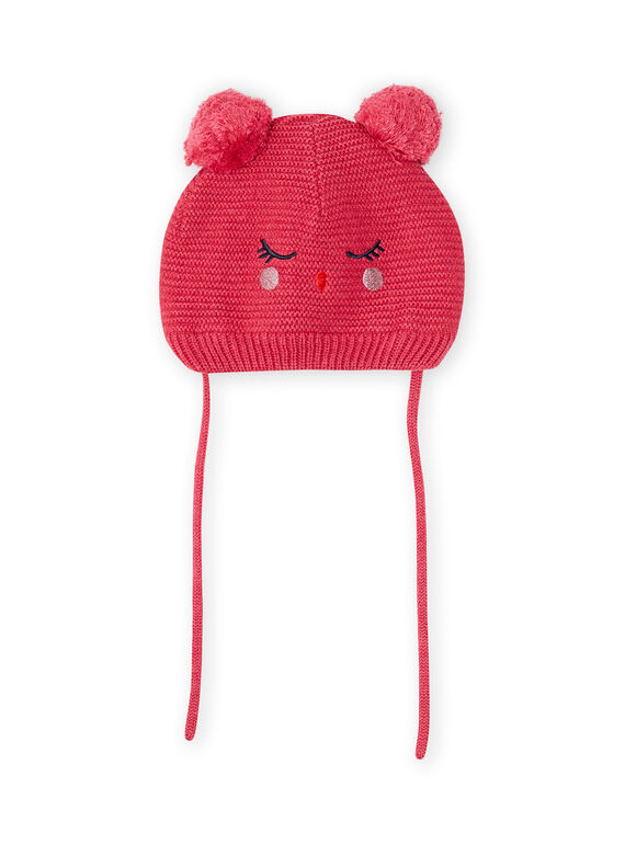 Bonnet rose vintage motif chat et pompons bébé fille MYIFUNBON / 21WI0966BOND332