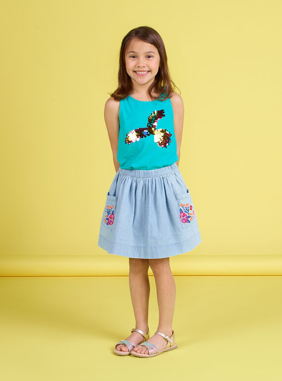 Jupe évasée denim clair à poches brodées enfant fille JAMARJUP3 / 20S901P1JUPP272
