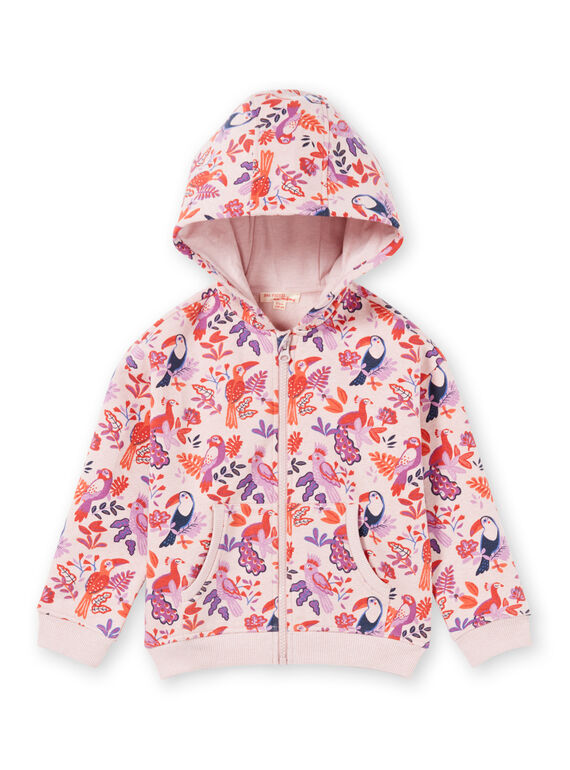 Sweat à capuche rose et violet imprimé perroquets et fleuri enfant fille MAJOHAUJOG3 / 21W90113JGHD314