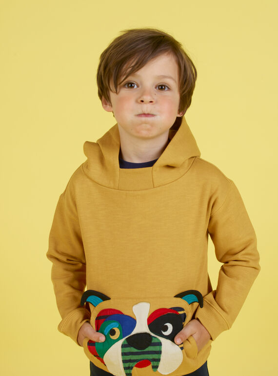 Sweatshirt à capuche jaune moutarde broderie chien enfant garçon MOMIXSWE / 21W902J1SWEB101