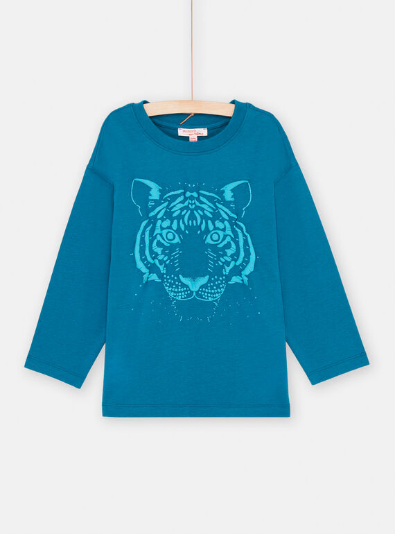 T-shirt turquoise à motif tigre garçon SOJOTIEP3 / 23W902G2TMLC217