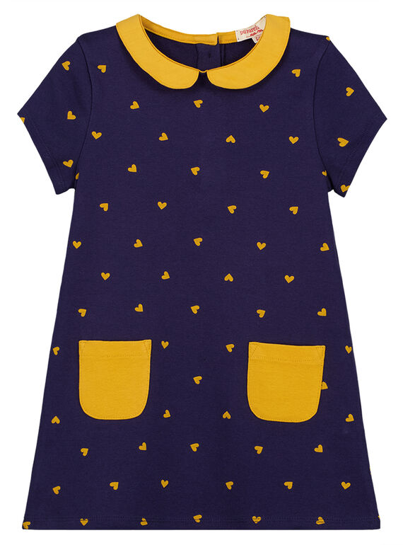 Robe manches courtes avec col claudine, imprimé à pois jaune et poches jaunes sur le bas de la robe. GAJOROB2 / 19W90142D2F070