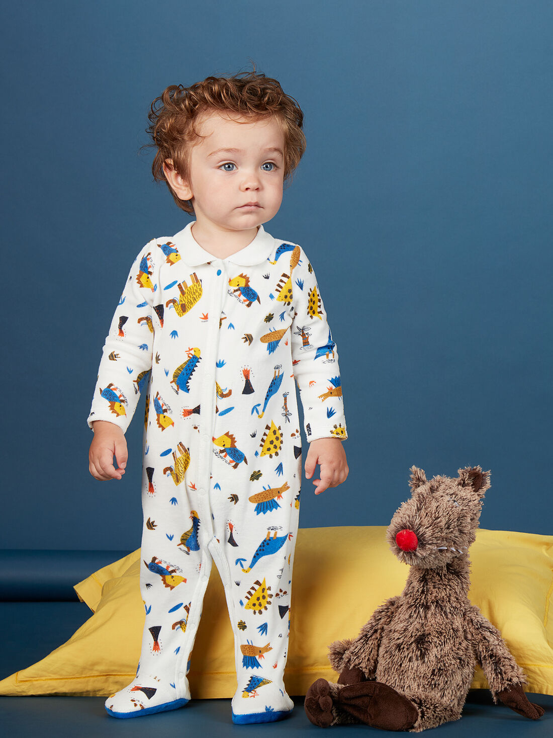 Grenouillere a col polo layette garcon imprime dinosaures Bebe DPAM