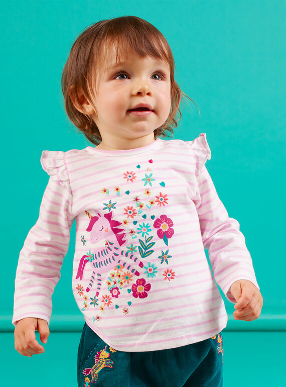 T-shirt manches longues lilas rayé à motif licorne bébé fille MITUTEE1 / 21WG09K1TMLH700