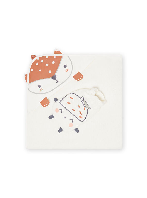 Cape de bain et gant écru motif renard naissance mixte MOU1POIN / 21WF4242POI001