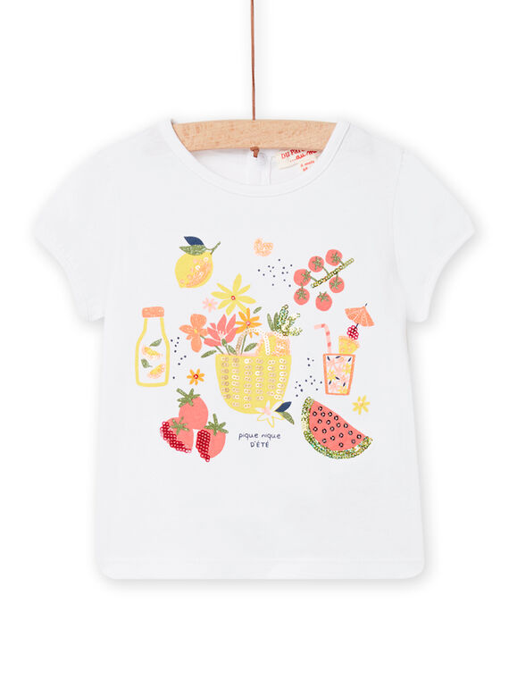 T-shirt blanc à motifs fantaisie et sequins bébé fille NIHOTI / 22SG09T1TMC000