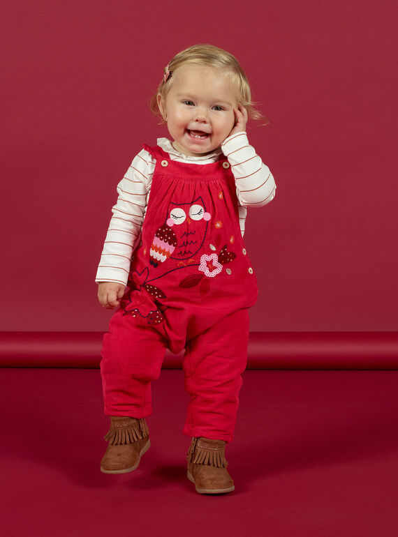 Salopette rose vintage à motifs hibou et fleur bébé fille MIFUNSAL / 21WG09M1SALD332
