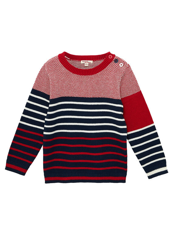 Pull en coton garçon rayé et jacquard marine et rouge JOJOPUL3 / 20S90242D2EF505