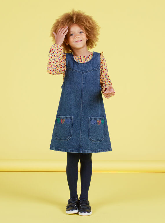 Robe trapèze en jean broderies cœurs enfant fille MAMIXROB1 / 21W901J2ROBP269