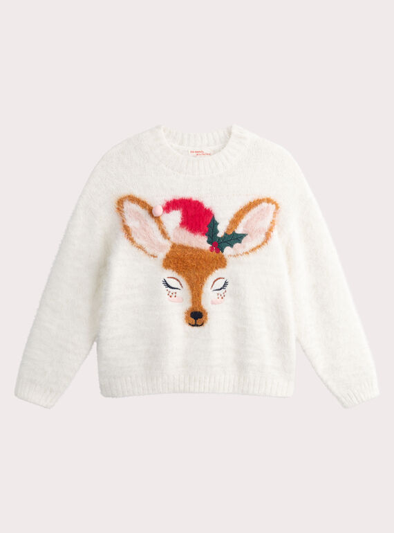 Pull écru en maille plume animation biche pour fille VAWAPULL / 24W901T1PUL001