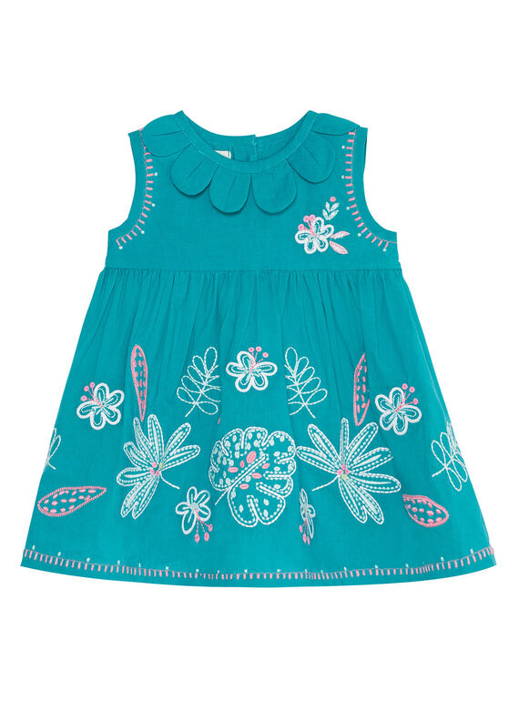 Robe brodée turquoise layette fille JIQUAROB3 / 20SG09R1ROB621
