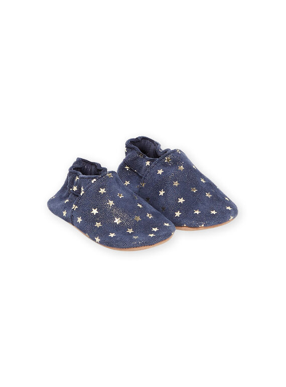 Chaussons cuir souple bleu imprimé étoiles bébé fille MICHOETOILE / 21XK3722D3SC201