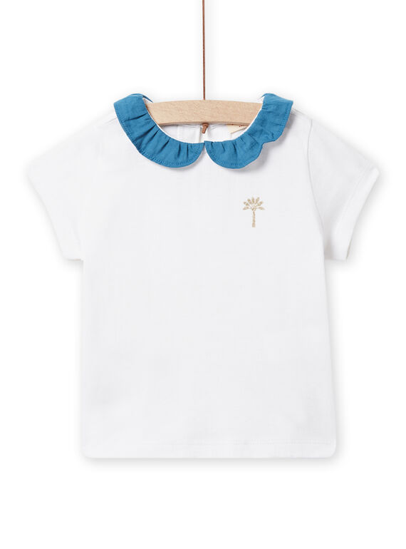 T-shirt écru à col volanté bleu pétrole bébé fille NIJOBRA6 / 22SG09C4BRA000