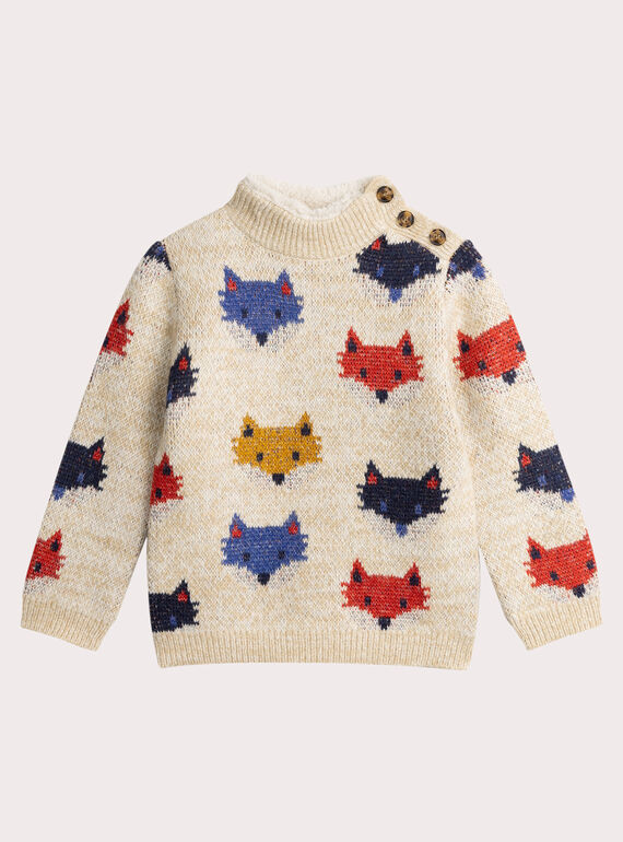 Pull écru chiné en jacquard imprimé renard pour garçon VOROPUL / 24W902P1PUL008