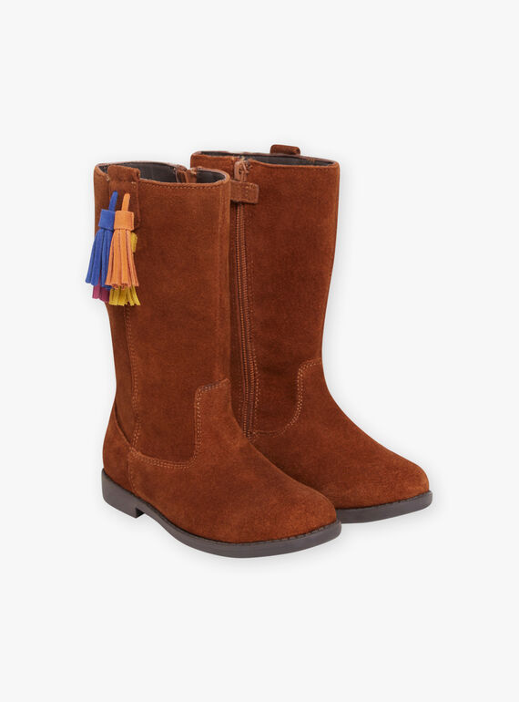 Bottes montantes camel en cuir et pompons enfant fille MABOTTEMEL / 21XK3584D10804