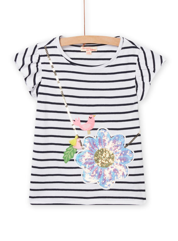 T-shirt écru à rayures animation sac fleur enfant fille NASOTI3 / 22S901Q3TMC001