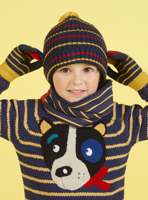 Bonnet bleu nuit, jaune et rouge à rayures et pompom enfant garçon