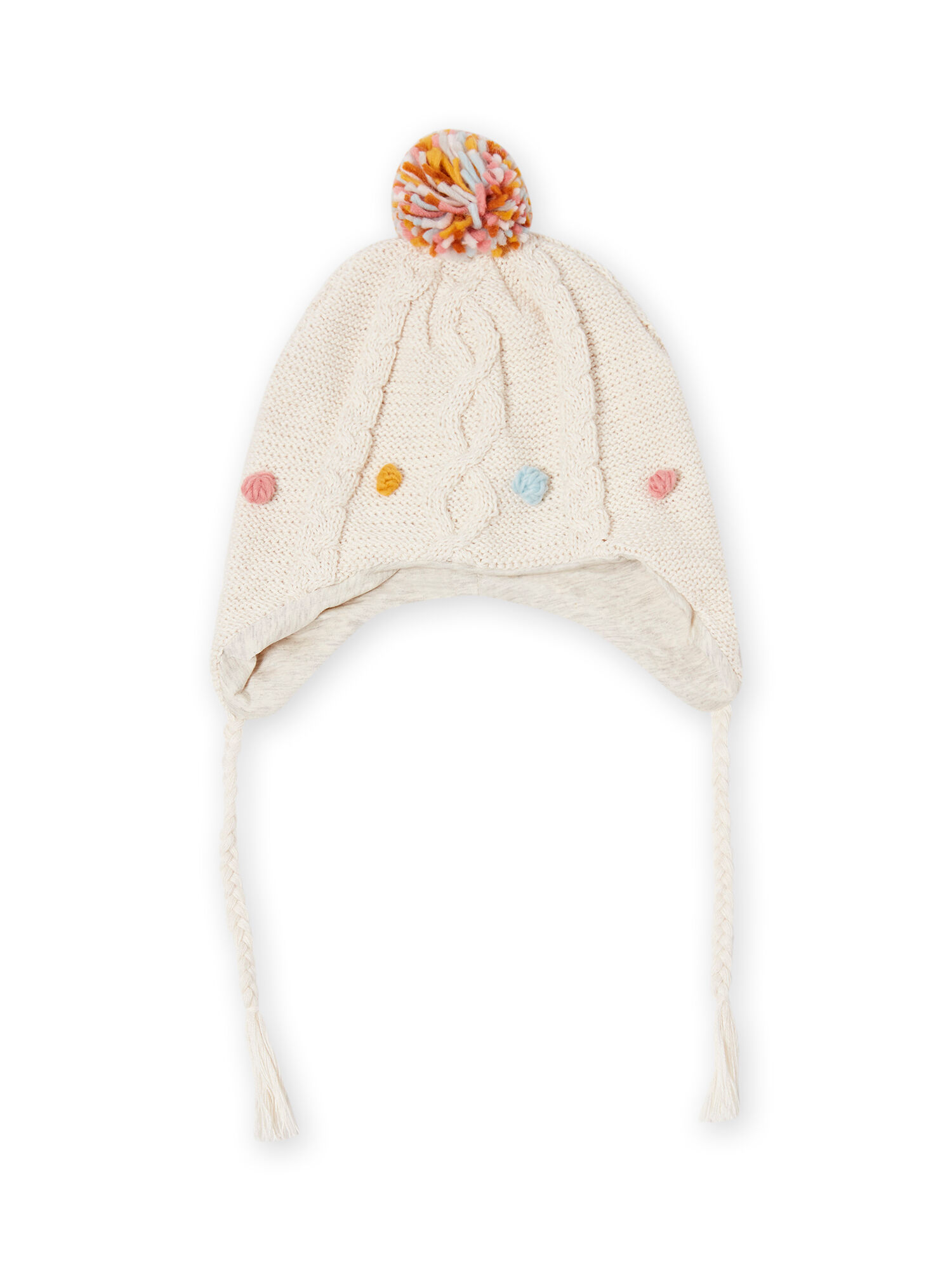 Bonnet en maille ecru a pompons colores bebe fille Accessoires DPAM