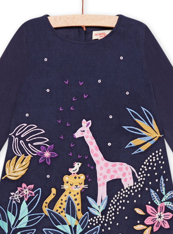 Robe bleu marine en velours à motifs savanes brodés bébé fille MIPLAROB1 / 21WG09O3ROBC202