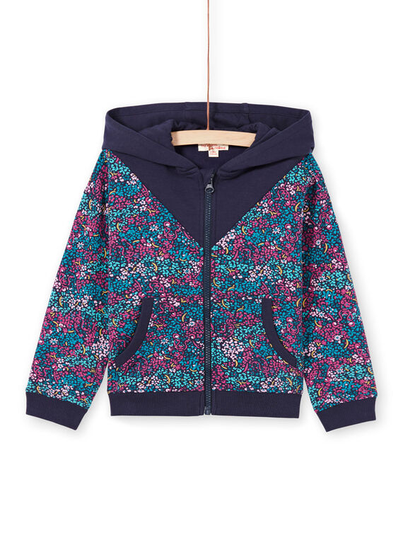 Haut de jogging à capuche et imprimé fleuri bleu nuit enfant fille MAJOHAUJOG4 / 21W90114JGHC205