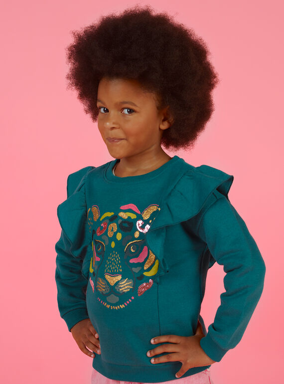 Sweatshirt bleu canard à volants et motif tigre enfant fille MAKASWEA / 21W901I1SWEG633