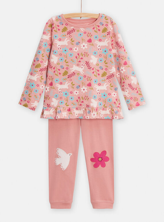 Pyjama rose en côtes imprimé fantaisie pour fille TEFAPYJRAB / 24SH1149PYJD319