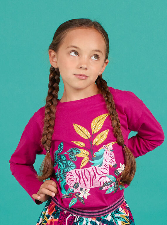 T-shirt manches longues fuchsia motif zèbre enfant fille MATUTEE1 / 21W901K3TMLD312