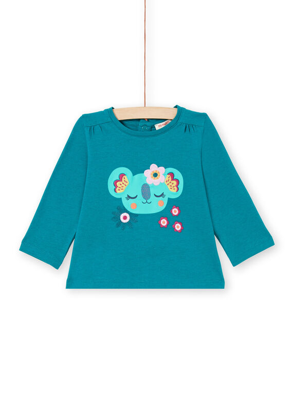T-shirt manches longues bleu canard à motifs koala et fleurs bébé fille MITUTEE2 / 21WG09K2TMLC217