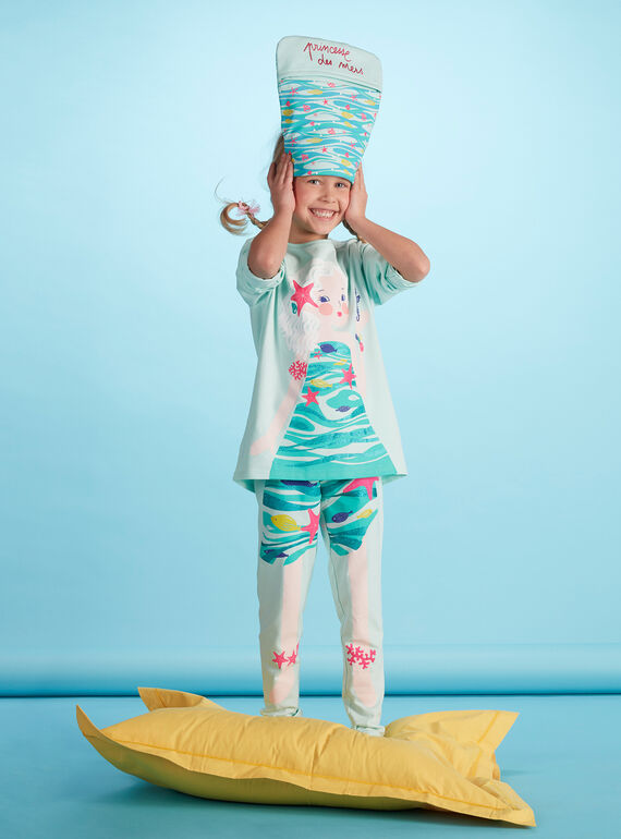 Pyjama déguisement bleu clair enfant fille avec son range-pyjama JEFAPYJMER / 20SH11L2PYG219