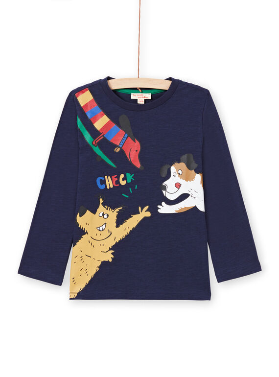 T-shirt bleu marine motifs chiens fantaisie enfant garçon MOMIXTEE5 / 21W902J4TML717